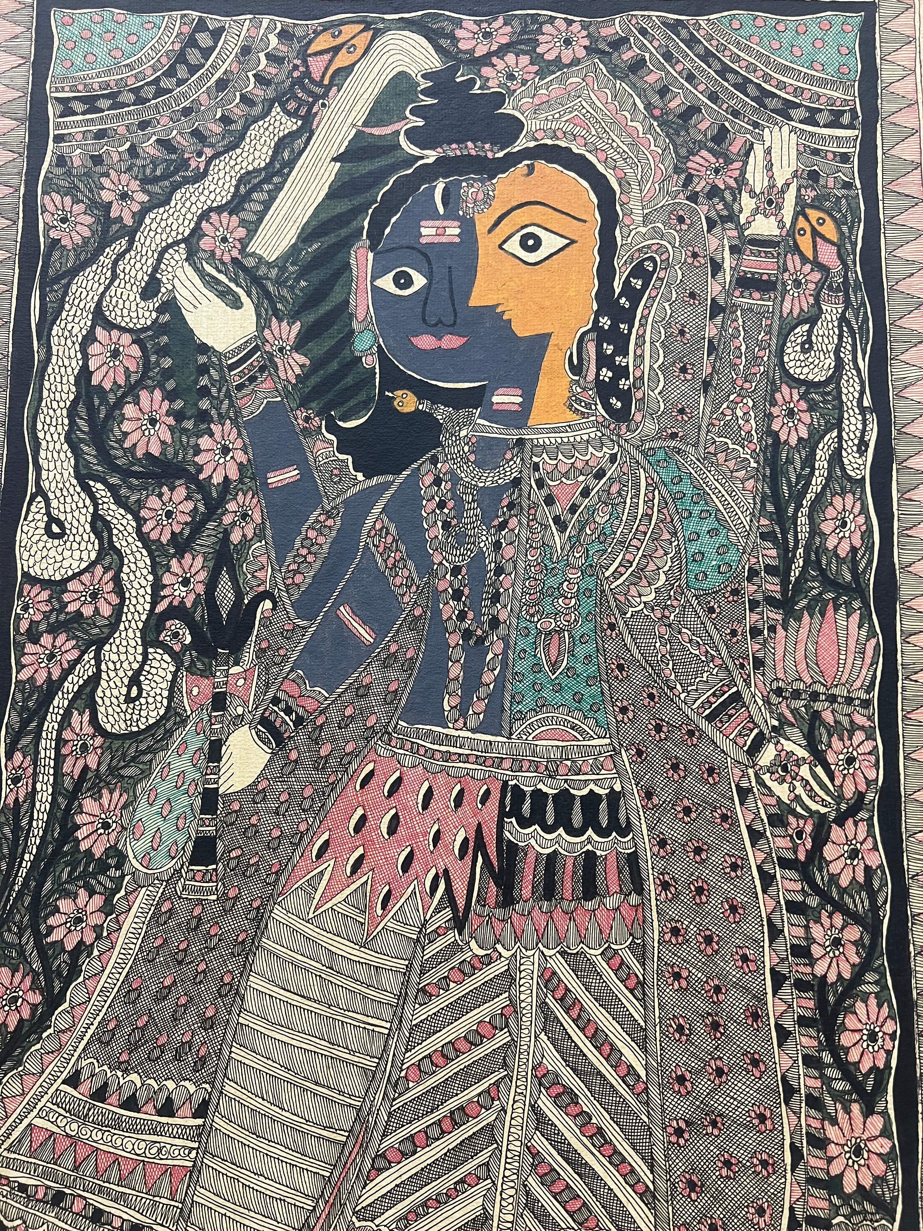 Handpainted Madhubani Painting on Handmade Paper - Ardhanarishvara
